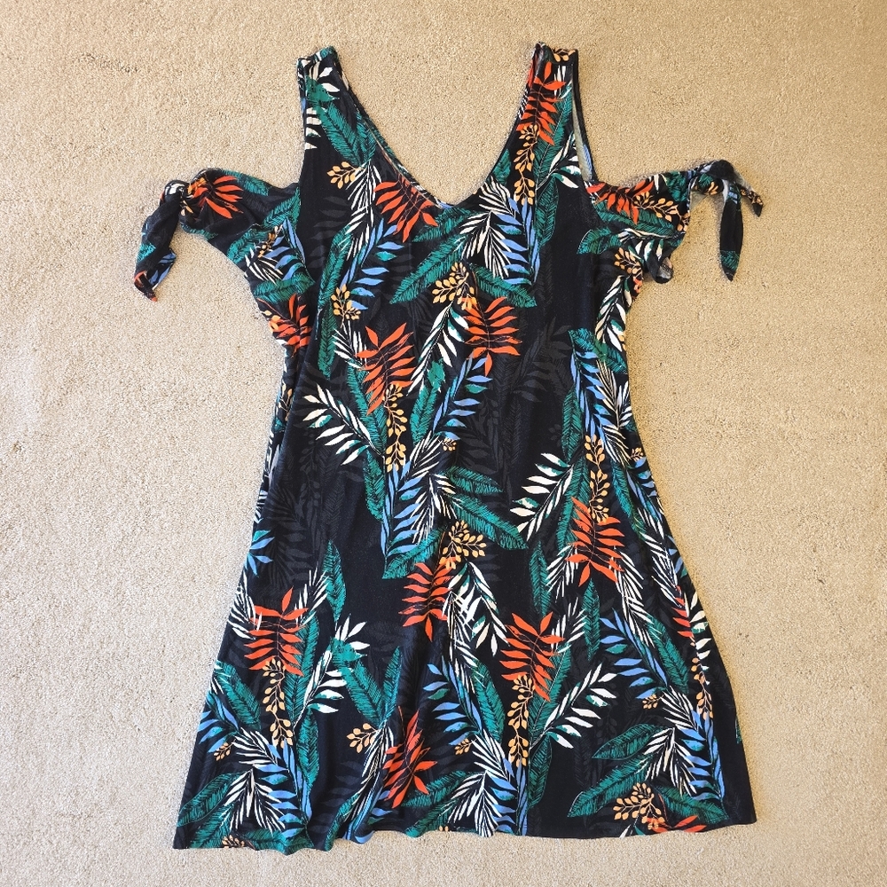 Maurices 24/7 Comfort Apparel Vibrant Leaf Print Mini Dress